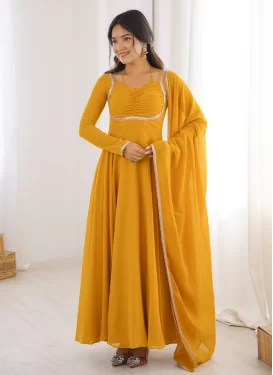 Georgette Trendy Gown with Lace Work for Women in Mustard