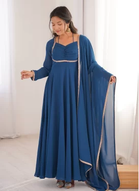 Navy Blue Georgette Lace Work Trendy Gown for Women
