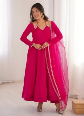 Lace Work Silk Blend Anarkali Suit in Rose Pink for Ceremonial