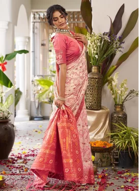 Silk Blend Classic Saree in Cream and Salmon with Woven Work for Women