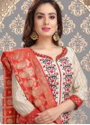 Off White and Red Cotton Silk Churidar Salwar Kameez - 1