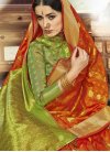 Kanjivaram Silk Mint Green and Orange Thread Work Designer Contemporary Style Saree - 1