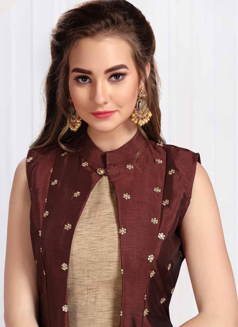 Buy Beige and Maroon Embroidered Work Readymade Long Length Suit Online