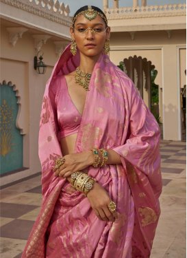 Satin Silk Traditional Saree with Woven Work in Pink