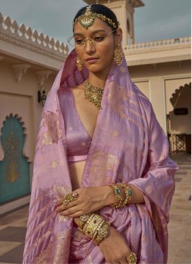 Lavender Satin Silk Trendy Saree with Woven Work for Festival