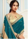 Beige and Teal Embroidered Work Contemporary Style Saree - 1