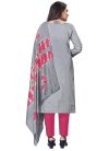 Chinon Grey and Hot Pink Embroidered Work Pant Style Salwar Kameez - 1