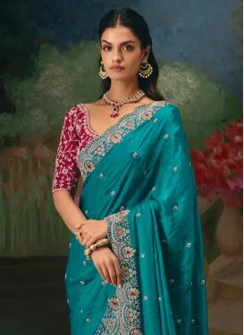 Fancy Fabric Traditional Saree with Cutdana Work for Bridal in Teal