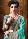 Cotton Silk Teal and Turquoise Thread Work Contemporary Style Saree - 1
