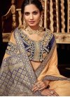 Cream and Navy Blue Embroidered Work Contemporary Saree - 1