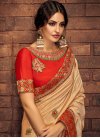 Peach and Red Embroidered Work Satin Silk Trendy Saree - 1