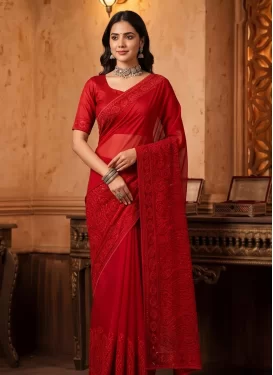 Georgette Traditional Saree with Embroidered Work in Red for Party