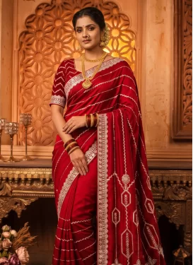Red Satin Silk Trendy Saree with Embroidered Work for Party