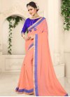 Faux Chiffon Blue and Peach Lace Work Contemporary Style Saree - 1