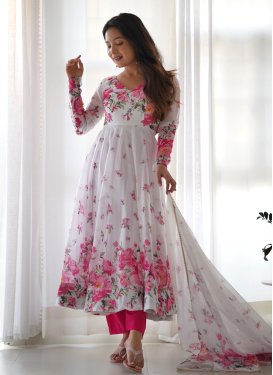Organza Digital Print Work Anarkali Suit in Rose Pink and White