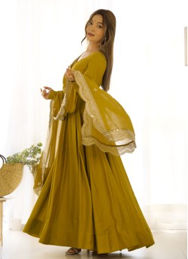 Chanderi Silk Anarkali Suit in Mustard with Embroidered Work for Women