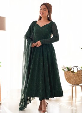 Embroidered Work Georgette Anarkali Suit in Bottle Green for Festival