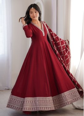 Embroidered Work Vichitra Silk Trendy Gown in Maroon for Festival