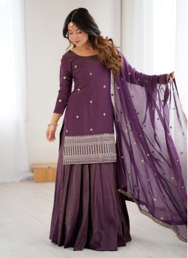 Chanderi Silk Readymade Salwar Suit in Purple with Embroidered Work for Women