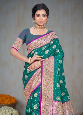 Silk Blend Traditional Saree with Woven Work in Green for Ceremonial