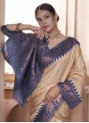Beige and Navy Blue Kanjivaram Silk Designer Contemporary Saree - 1