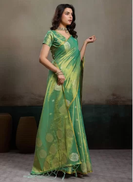 Woven Work Tissue Classic Saree in Sea Green for Women