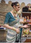 Off White and Teal Silk Blend Designer Contemporary Style Saree - 1