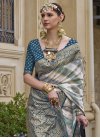 Off White and Teal Silk Blend Designer Contemporary Style Saree - 2