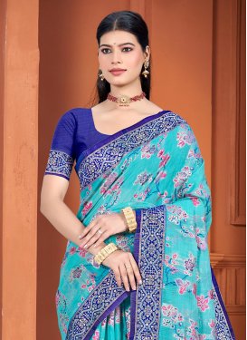 Woven Work Cotton Silk Trendy Saree in Blue and Firozi for Women
