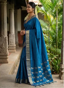 Woven Work Silk Blend Traditional Saree in Blue for Festival