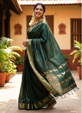 Silk Blend Traditional Saree in Bottle Green with Woven Work for Women