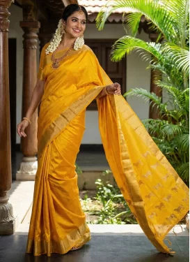 Silk Blend Trendy Saree with Woven Work for Ceremonial in Mustard