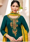 Embroidered Work Bottle Green and Yellow Cotton Satin Pant Style Pakistani Salwar Kameez - 1
