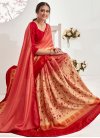 Peach and Red Abstract Print Work Designer Contemporary Style Saree - 1