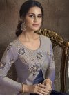 Grey and Navy Blue Tafeta Silk Embroidered Work Layered Designer Gown - 1