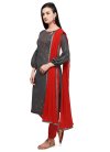 Embroidered Work Grey and Red Cotton Pant Style Classic Suit - 2