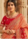 Embroidered Work Peach and Red Traditional Designer Saree - 1