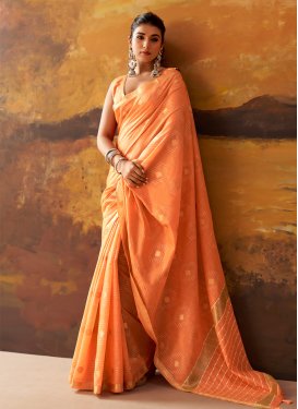 Cotton Classic Saree in Orange with Woven Work for Women