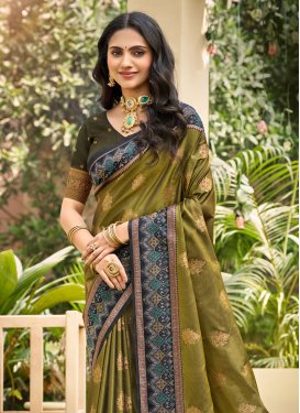 Silk Blend Classic Saree with Woven Work for Women in Olive