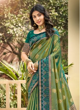 Woven Work Traditional Saree For Party in Green and Teal