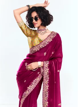 Embroidered Work Traditional Saree For Ceremonial in Fuchsia