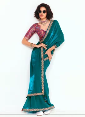 Embroidered Work Trendy Saree For Ceremonial in Teal