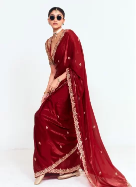 Tissue Trendy Saree with Embroidered Work for Women in Red