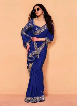 Satin Silk Classic Saree with Embroidered Work in Blue