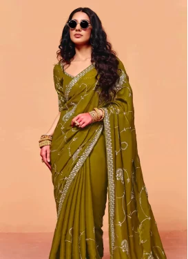 Olive Organza Embroidered Work Traditional Saree for Women