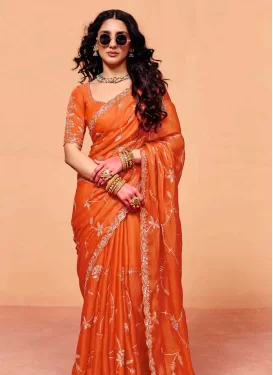 Organza Trendy Saree in Orange with Embroidered Work for Festival