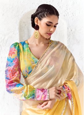 Cream and Mustard Organza Classic Saree with Digital Print Work for Festival