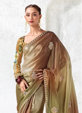 Organza Trendy Saree with Resham Work in Multi Colour for Ceremonial