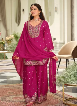 Chinon Palazzo Suit with Embroidered Work in Rose Pink for Festival