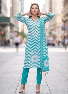 Cotton Straight Suit with Digital Print Work for Ceremonial in Aqua Blue and White